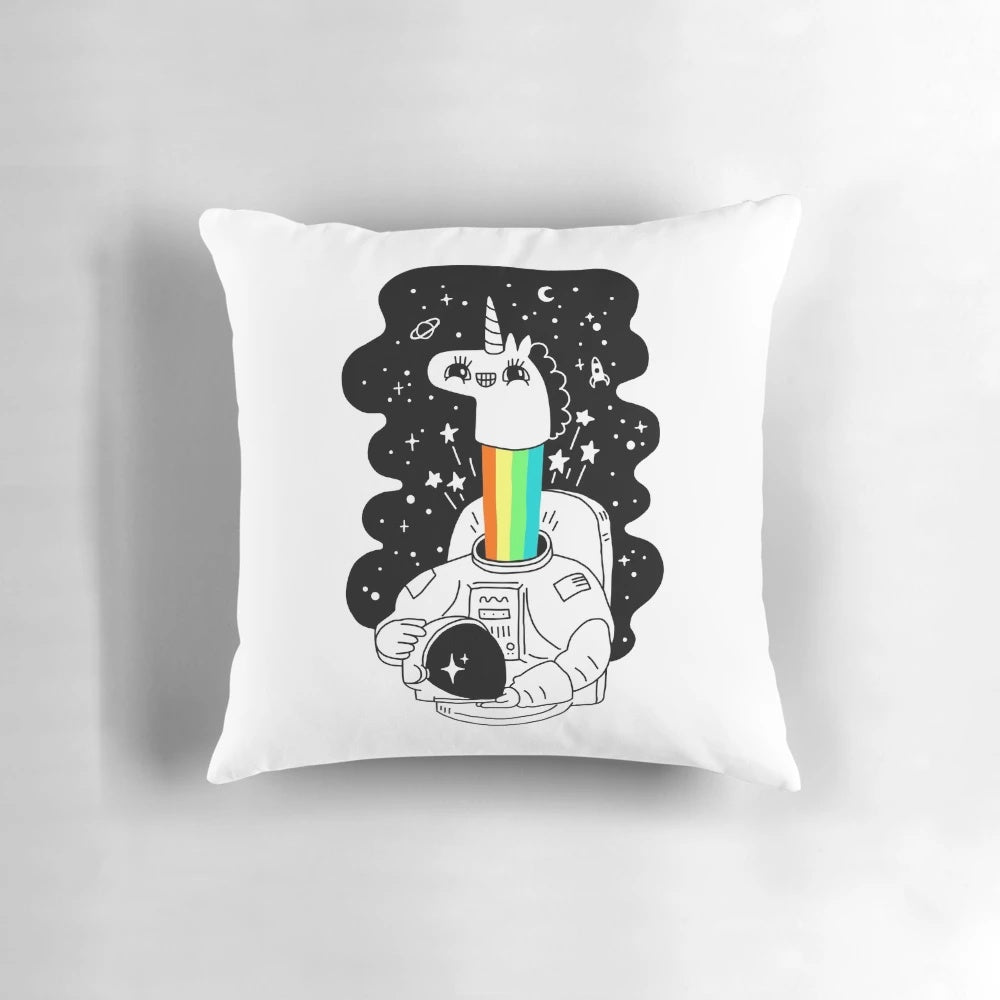 Vibrant pillow with a whimsical astro unicorn design, perfect for creating a cozy and enchanted space-themed ambiance.