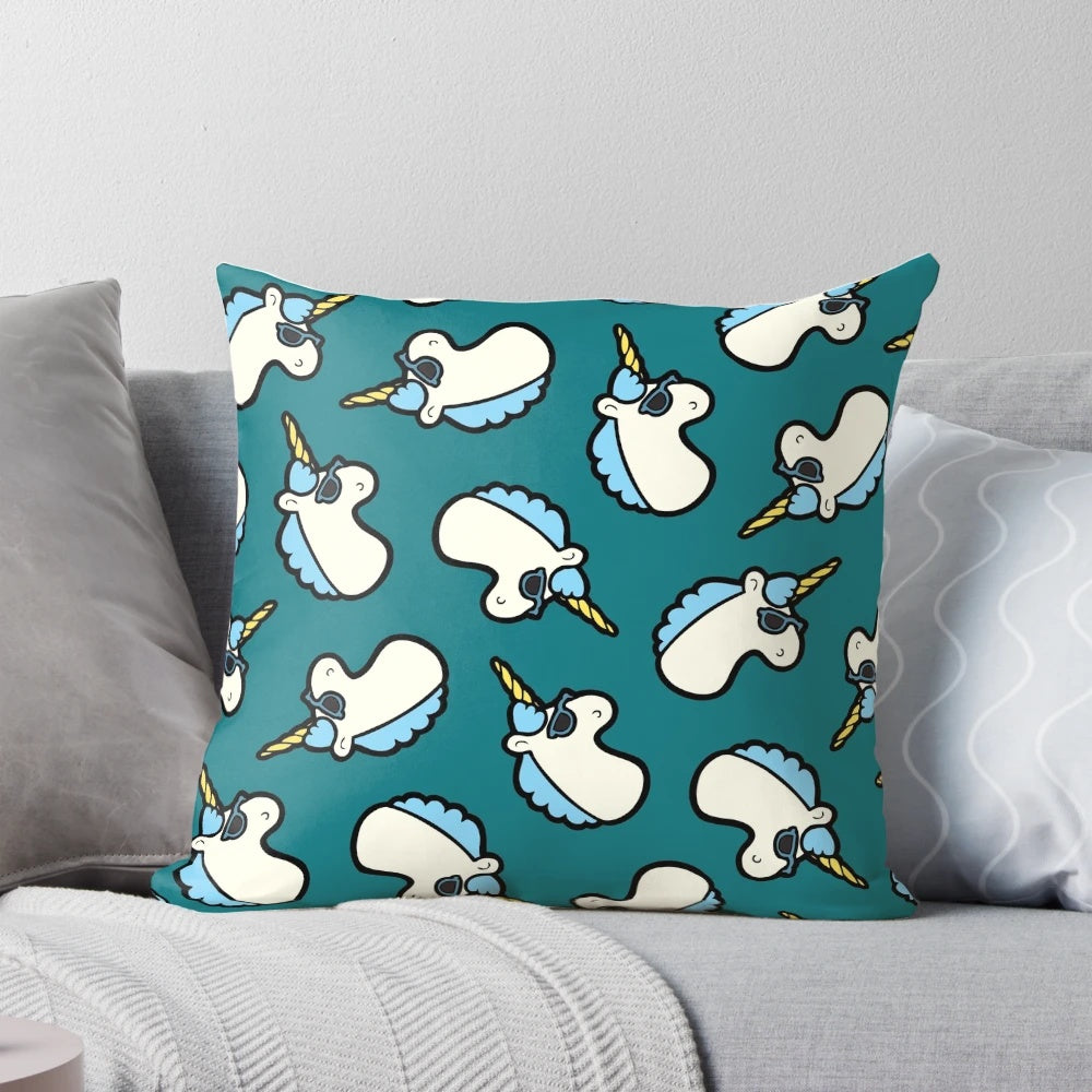 A blue pillow featuring a cool unicorn design with sunglasses