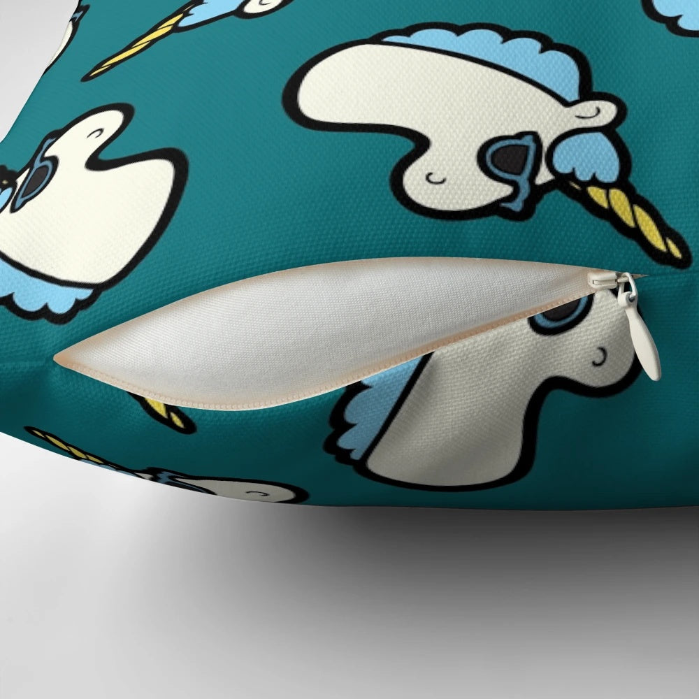 A blue pillow featuring a cool unicorn design with sunglasses