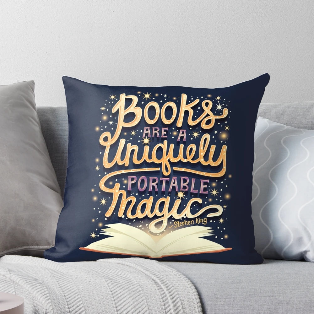 A soft, cozy pillow with a whimsical book-themed design, perfect for avid readers and book lovers.