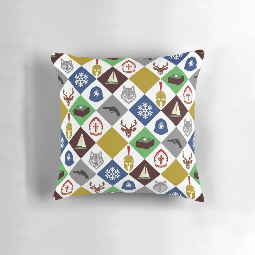 A decorative pillow featuring the cover art of "The Box of Delights" fantasy novel.