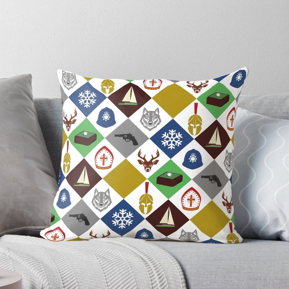 A decorative pillow featuring the cover art of "The Box of Delights" fantasy novel.