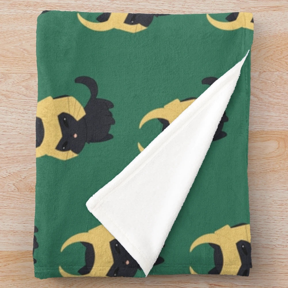 Soft and cozy plush blanket featuring an adorable black cat design inspired by the Marvel character Loki