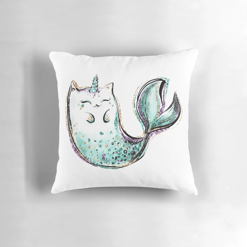 Colorful and whimsical pillow featuring a playful cat mermaid unicorn design, perfect for adding a touch of fantasy to any room.