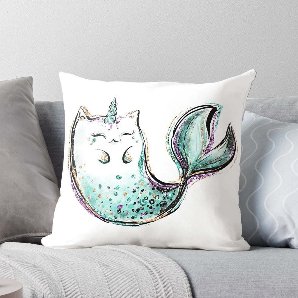 Colorful and whimsical pillow featuring a playful cat mermaid unicorn design, perfect for adding a touch of fantasy to any room.