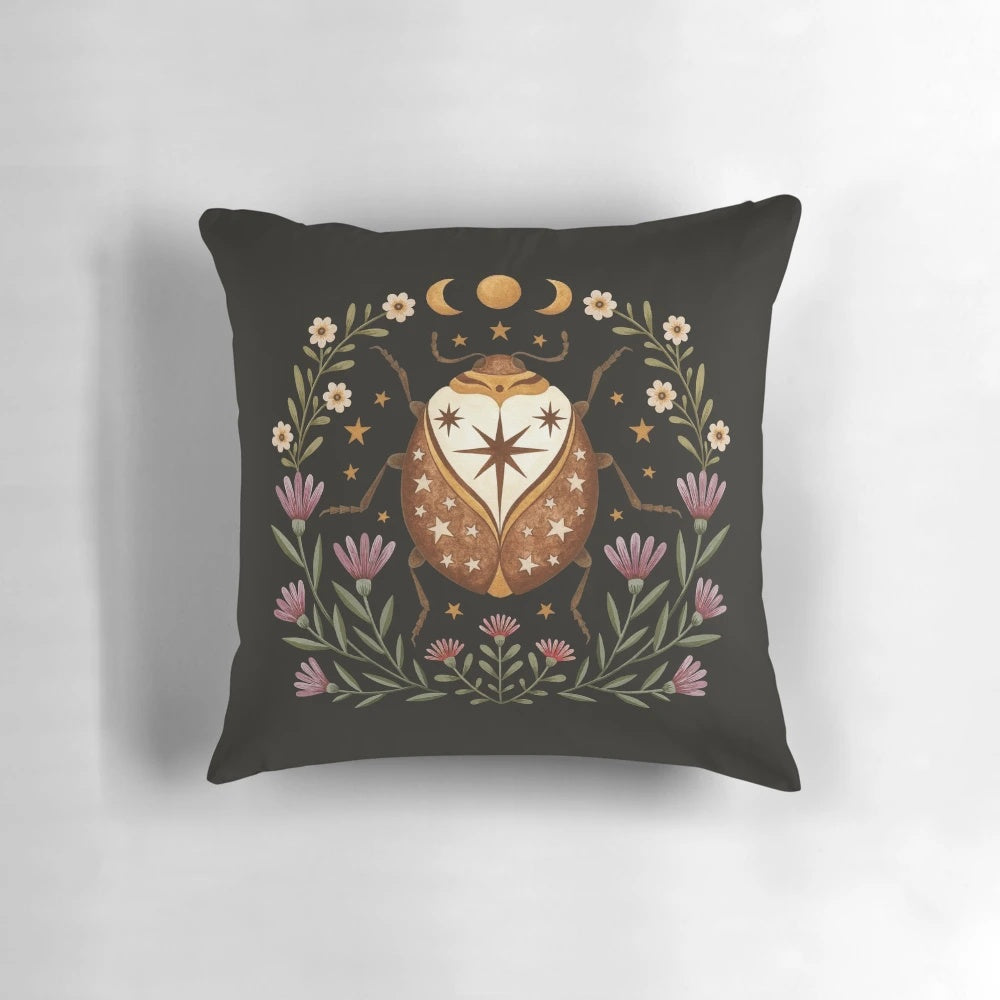 A vibrant pillow featuring a whimsical beetle design with crescent moons, stars, and floral elements for a nature-inspired, celestial bedroom.