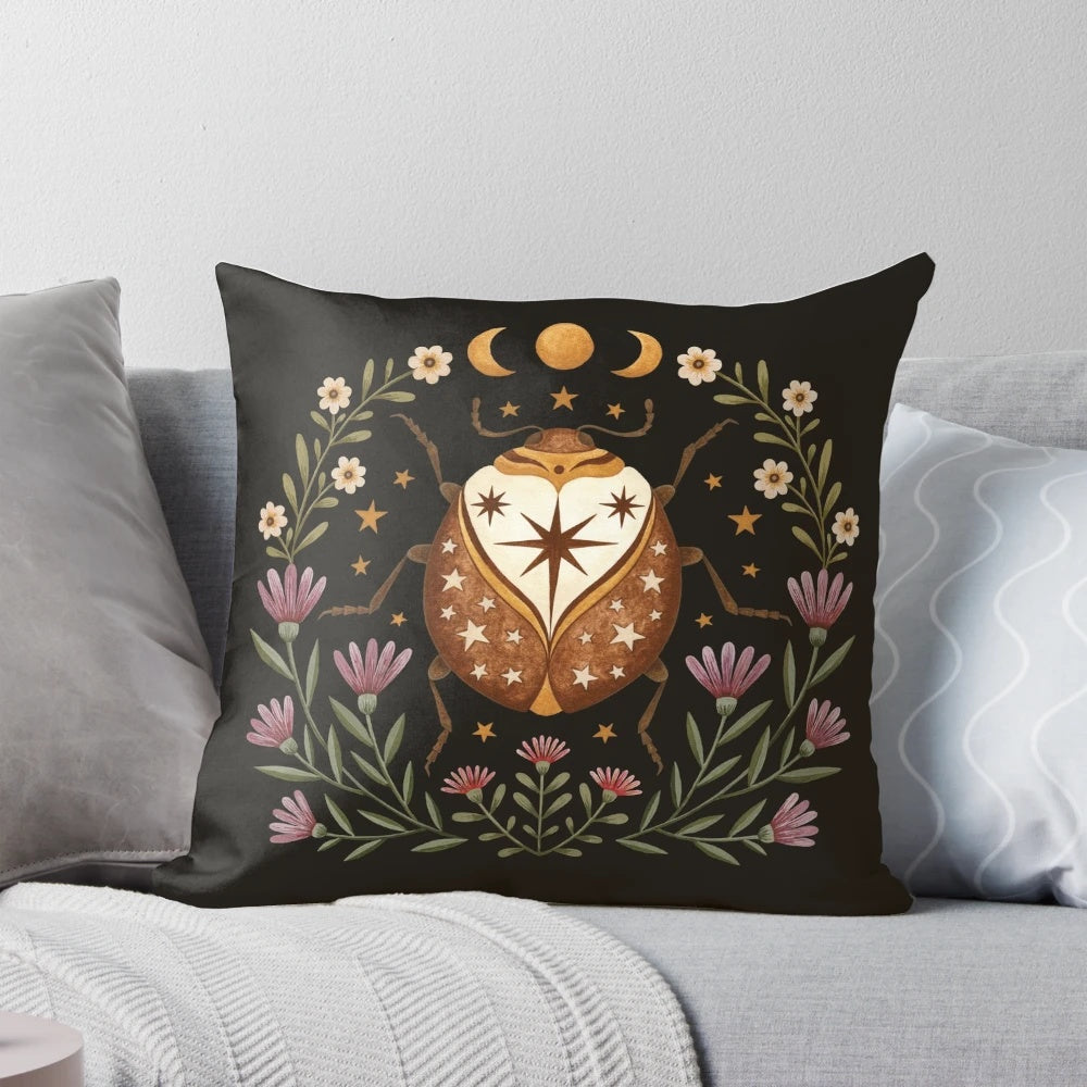 A vibrant pillow featuring a whimsical beetle design with crescent moons, stars, and floral elements for a nature-inspired, celestial bedroom.
