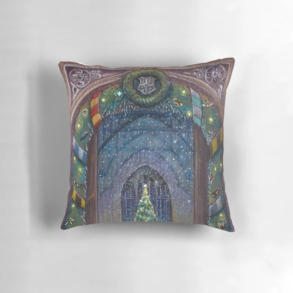 Cozy Christmas pillow featuring a snowy winter scene with wizarding elements, ideal for Harry Potter fans.