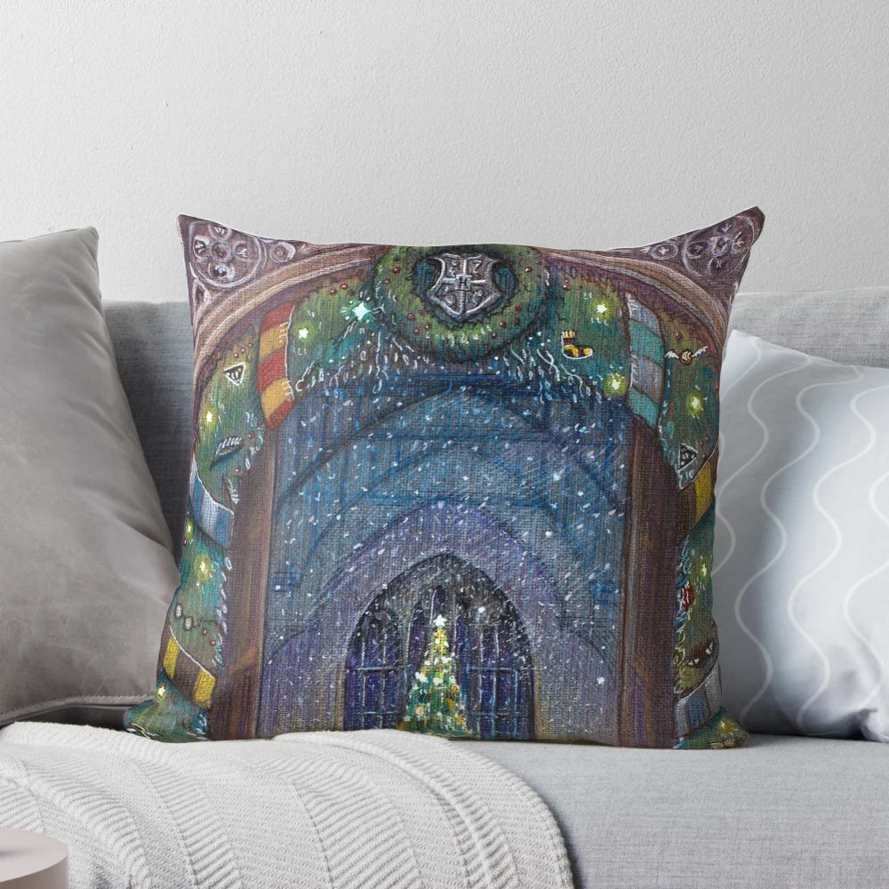 Cozy Christmas pillow featuring a snowy winter scene with wizarding elements, ideal for Harry Potter fans.