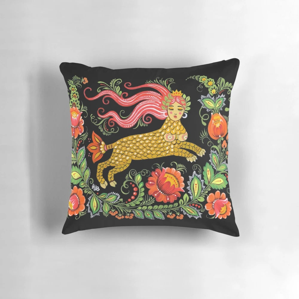 Colorful decorative throw pillow featuring a painting of a Lamia, a mythical half-woman, half-snake creature from folklore.