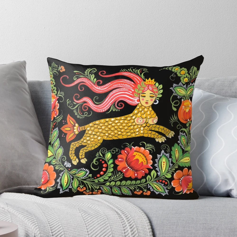 Colorful decorative throw pillow featuring a painting of a Lamia, a mythical half-woman, half-snake creature from folklore.