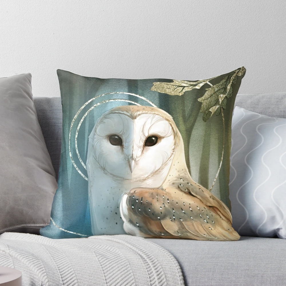 A cozy and mystical December owl throw pillow with silver, oak, and Celtic-inspired design elements.
