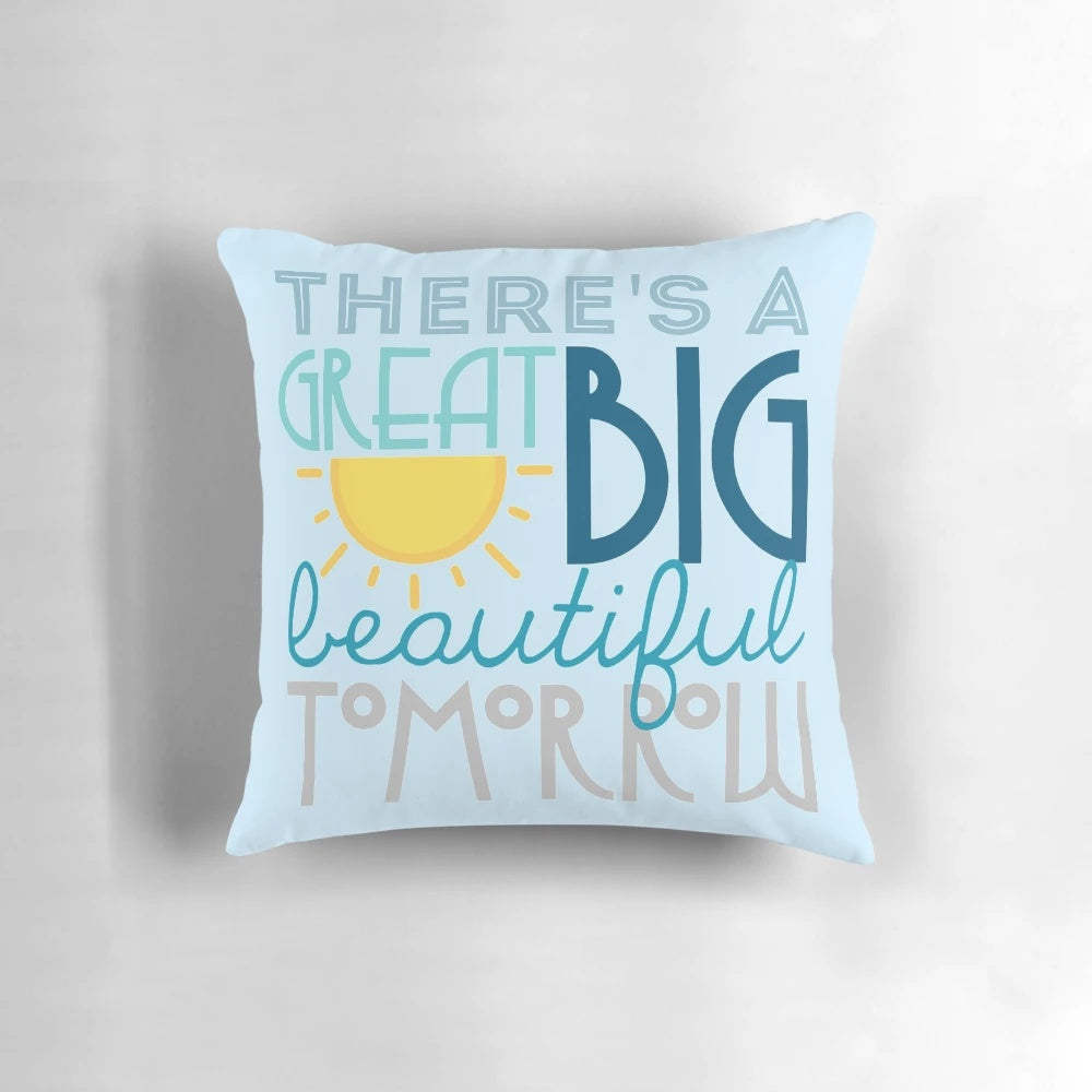 A soft, decorative pillow featuring a nostalgic, retro-futuristic 'Shining at the End of Every Day' design inspired by Disney's Tomorrowland.