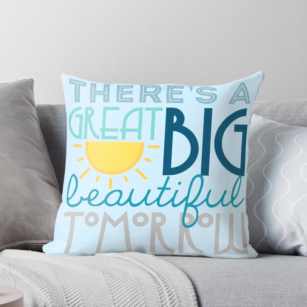 A soft, decorative pillow featuring a nostalgic, retro-futuristic 'Shining at the End of Every Day' design inspired by Disney's Tomorrowland.