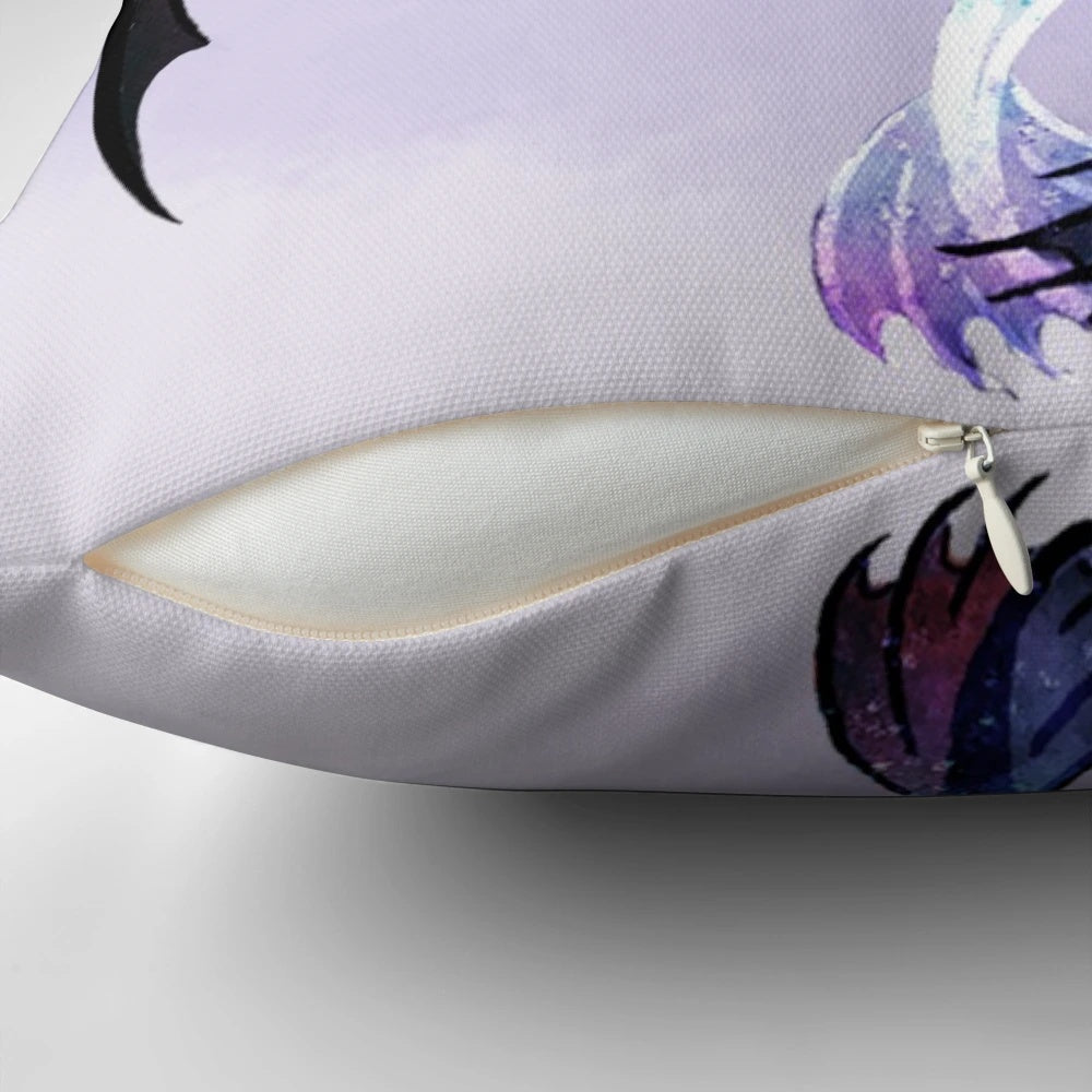 A decorative pillow featuring the dragon characters Toothless and Light Fury from the How to Train Your Dragon fantasy film series.