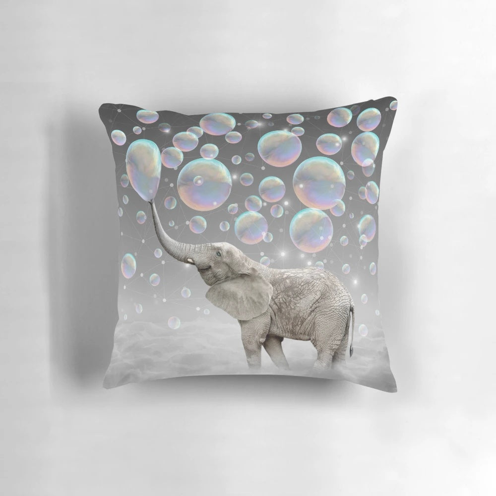 A whimsical, surreal pillow featuring an elephant in a cloud of colorful bubbles, creating a dreamlike, magical aesthetic.