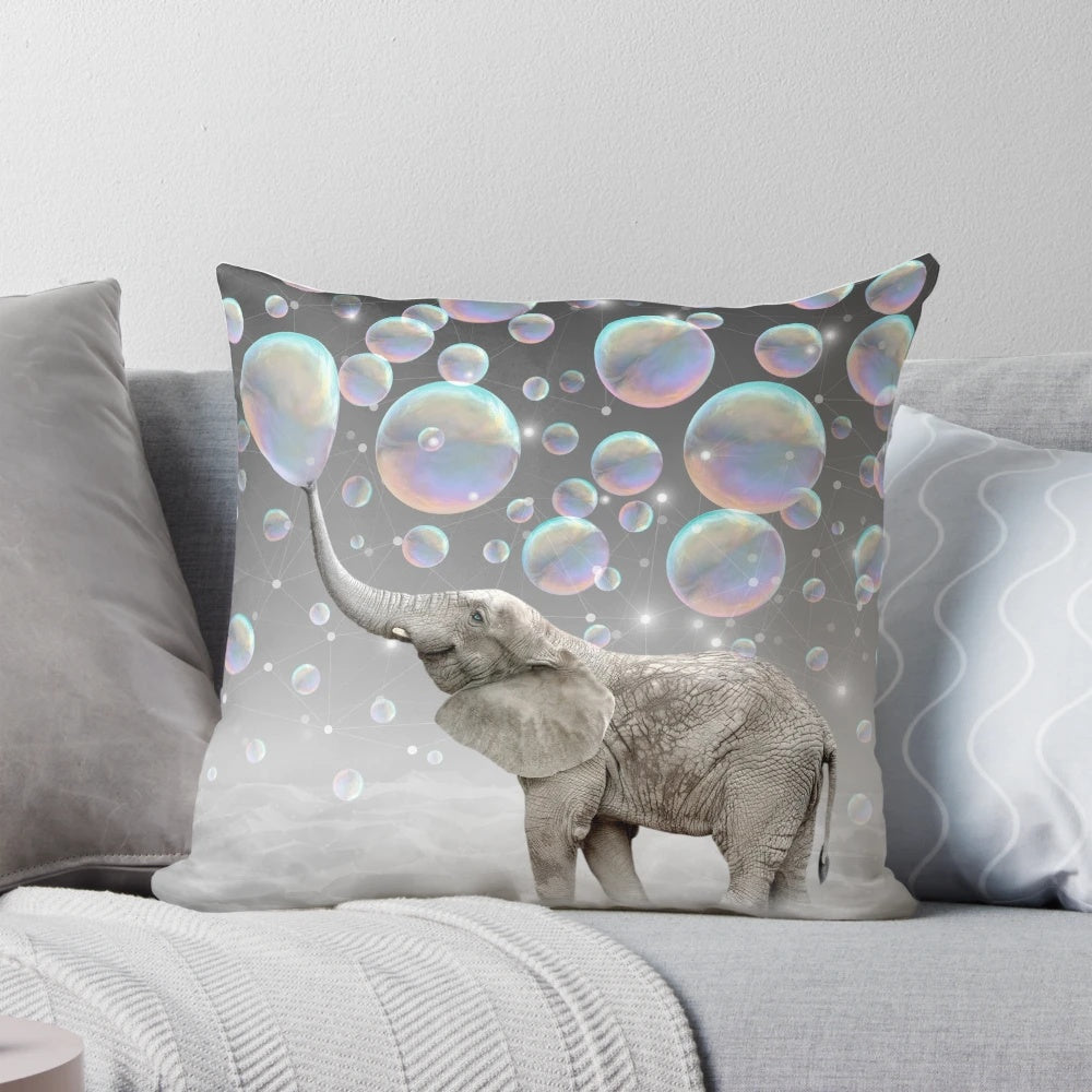 A whimsical, surreal pillow featuring an elephant in a cloud of colorful bubbles, creating a dreamlike, magical aesthetic.