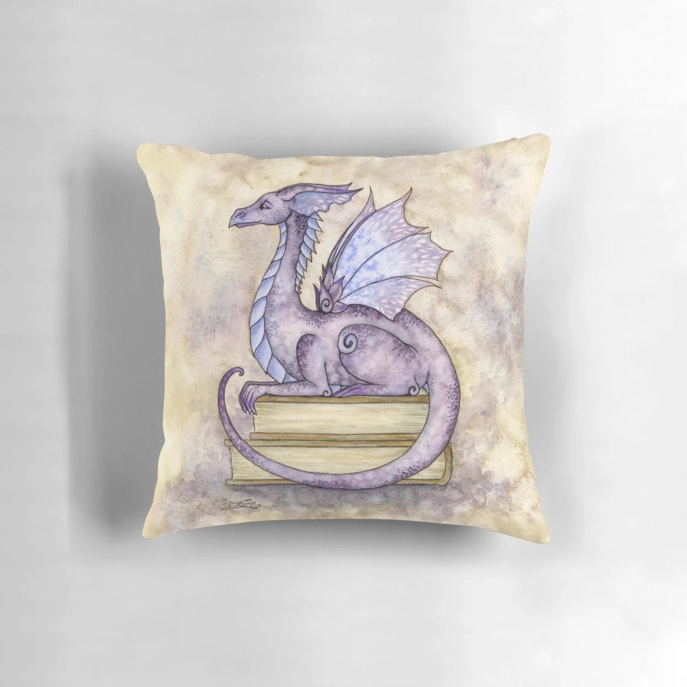 Whimsical fairy tale themed pillow with a dragon and fairy illustration