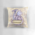 Whimsical fairy tale themed pillow with a dragon and fairy illustration