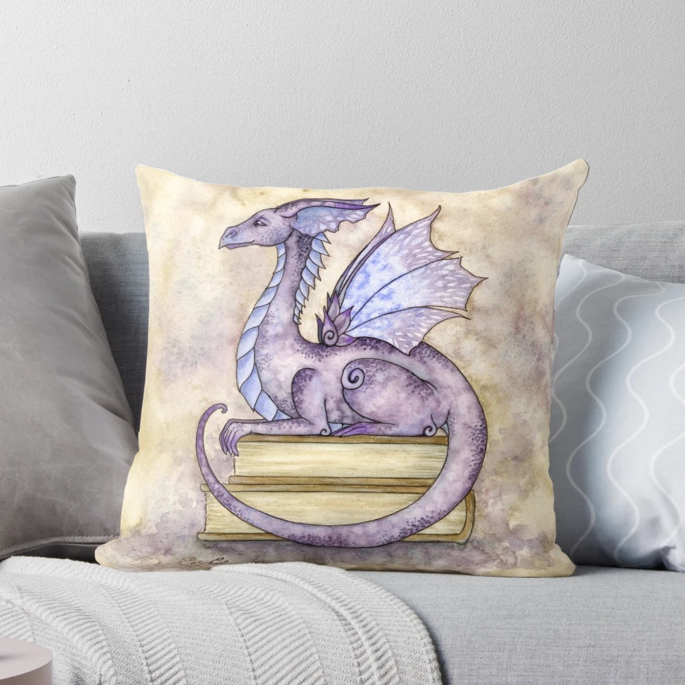 Whimsical fairy tale themed pillow with a dragon and fairy illustration