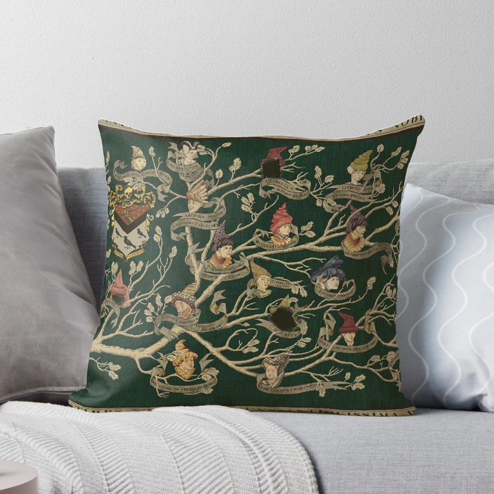 Decorative pillow featuring a detailed family tree design inspired by the world of Harry Potter