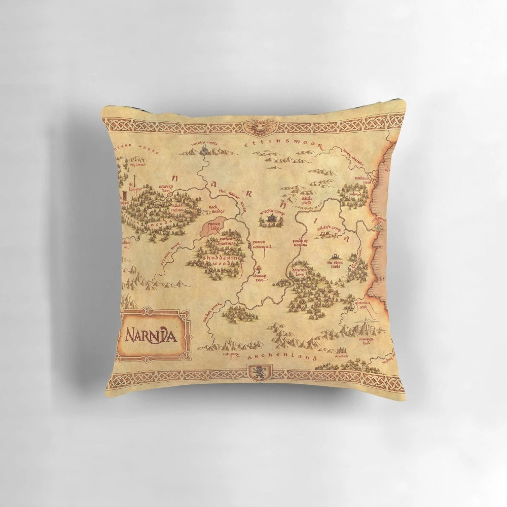 A decorative pillow featuring a map design inspired by the fantastical land of Narnia from the C.S. Lewis Chronicles.