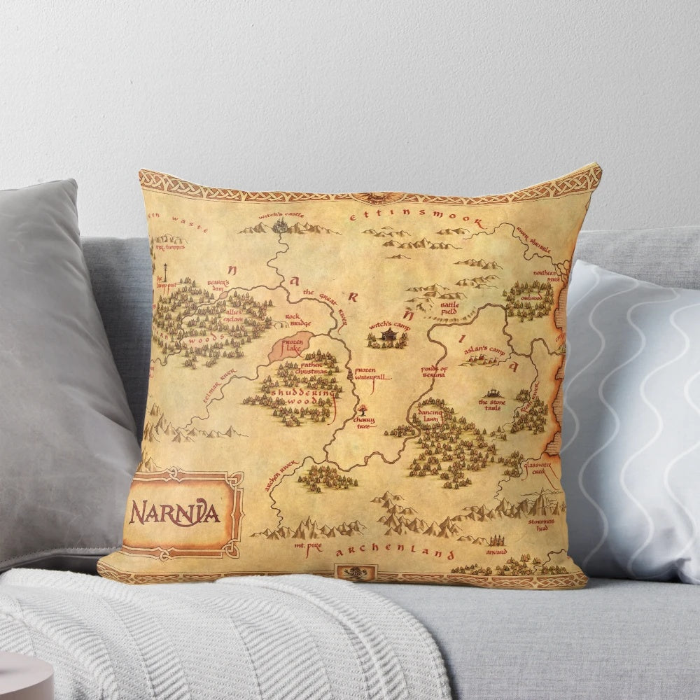 A decorative pillow featuring a map design inspired by the fantastical land of Narnia from the C.S. Lewis Chronicles.