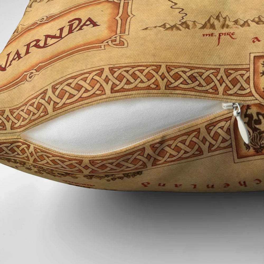 A decorative pillow featuring a map design inspired by the fantastical land of Narnia from the C.S. Lewis Chronicles.