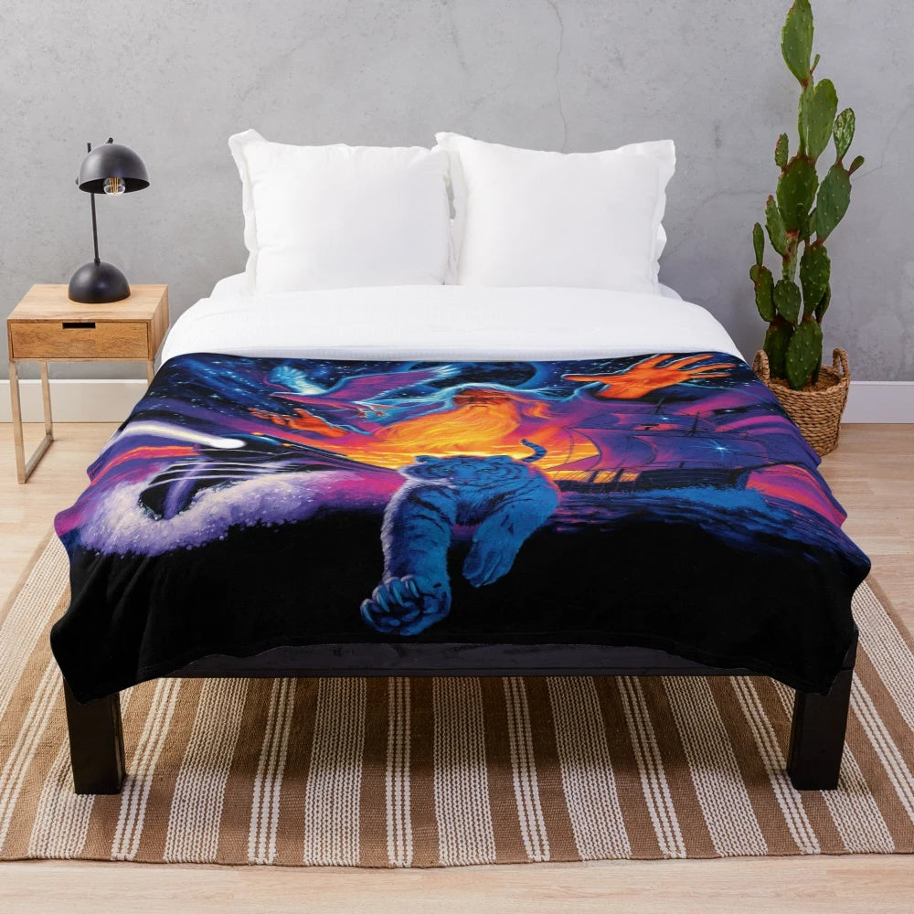 Plush blanket featuring fantasy art by Greg Hildebrandt, including wizards, birds, trains, and ships