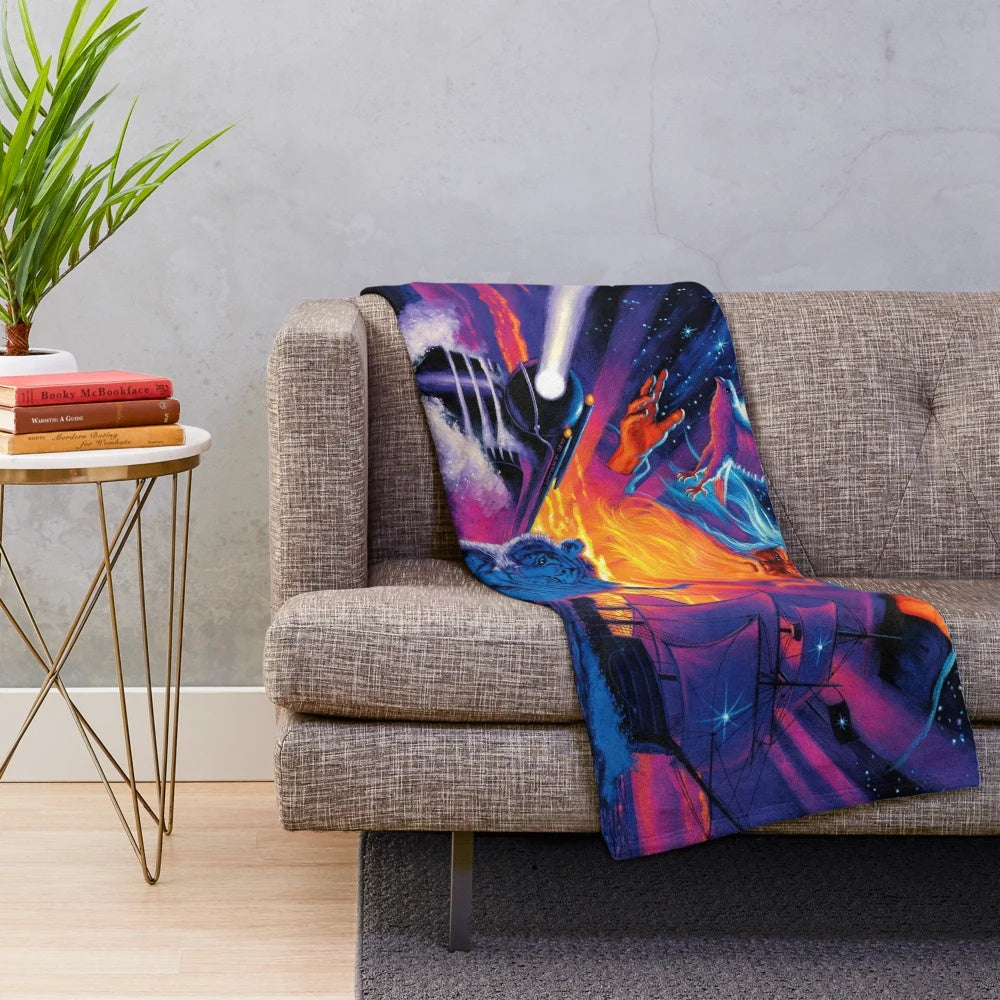 Plush blanket featuring fantasy art by Greg Hildebrandt, including wizards, birds, trains, and ships