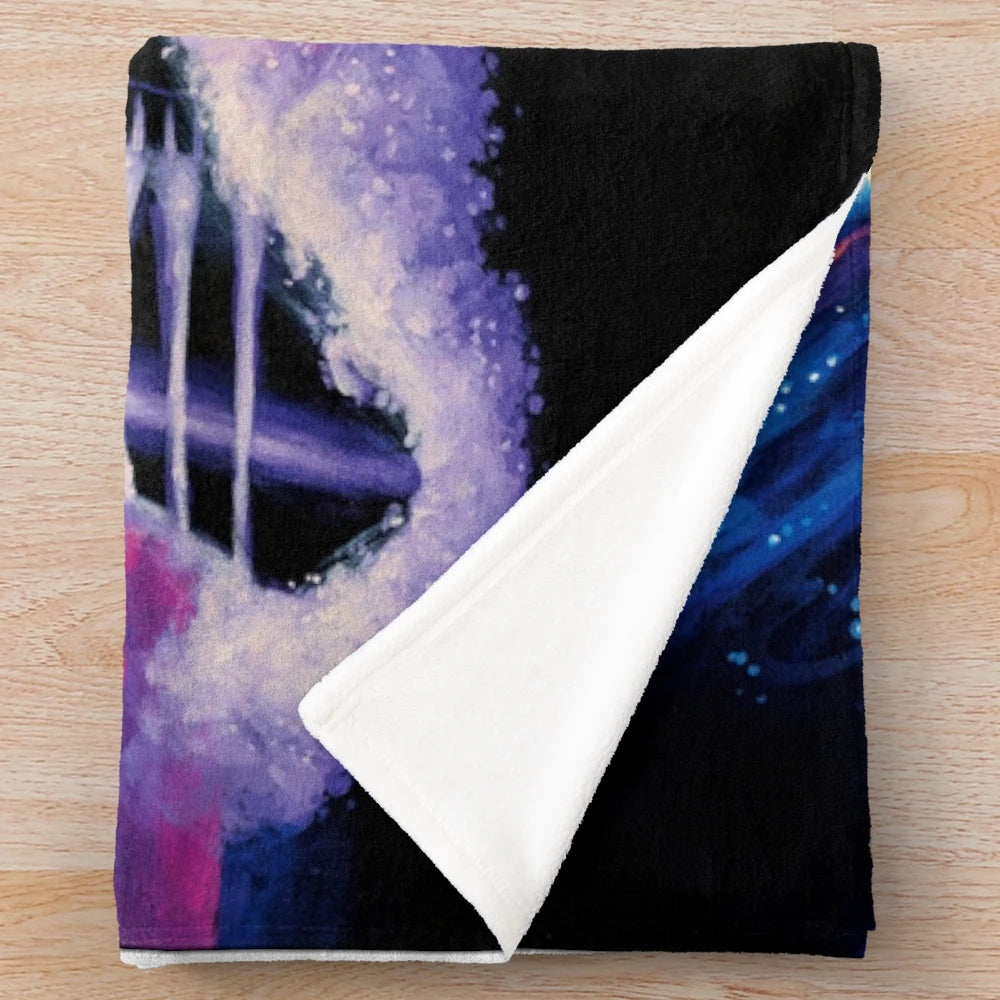Plush blanket featuring fantasy art by Greg Hildebrandt, including wizards, birds, trains, and ships