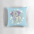 A soft, plush pillow featuring a whimsical green and purple dragon soaring through the clouds.