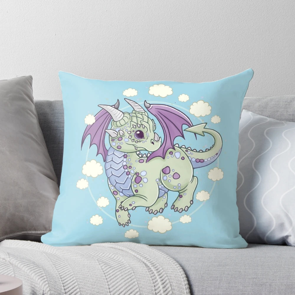 A soft, plush pillow featuring a whimsical green and purple dragon soaring through the clouds.