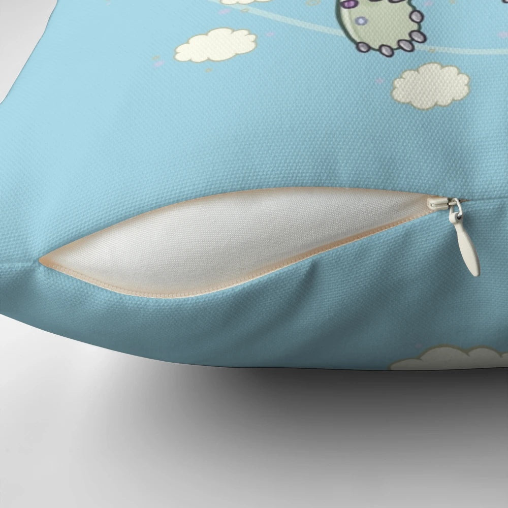 A soft, plush pillow featuring a whimsical green and purple dragon soaring through the clouds.