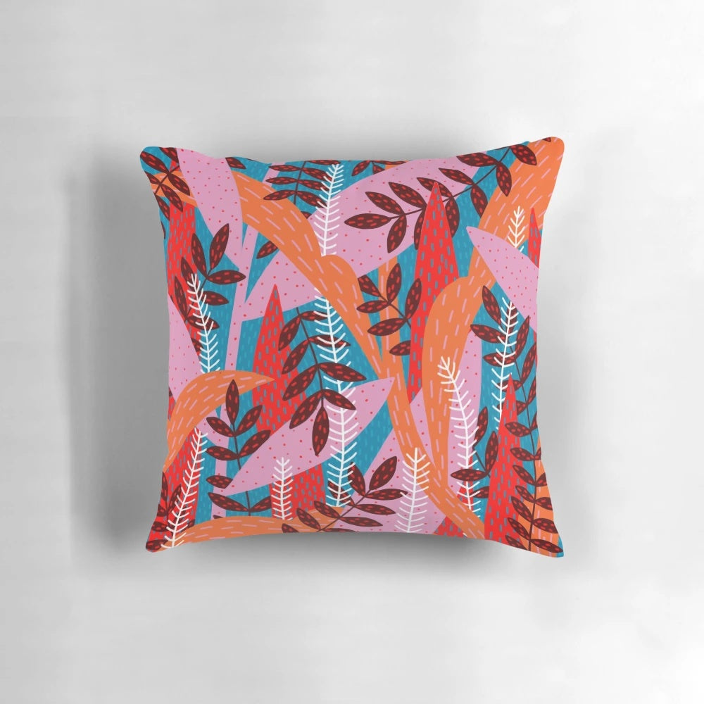 Magical forest decorative throw pillow with lush tropical plants, flowers, and palms