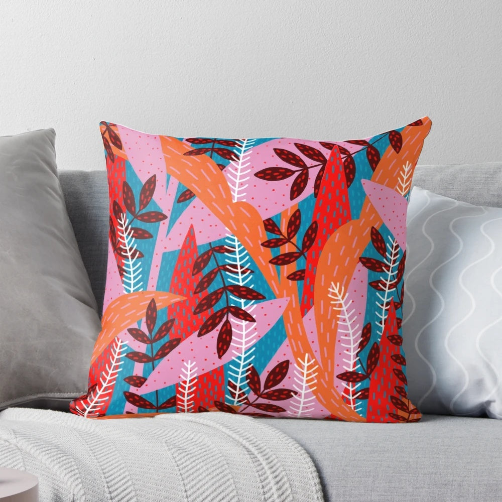 Magical forest decorative throw pillow with lush tropical plants, flowers, and palms