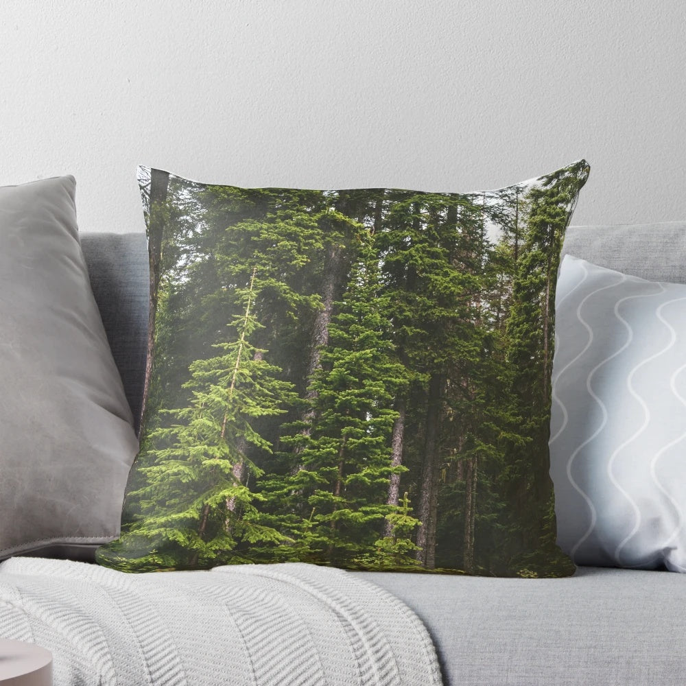 Cozy pillow featuring a serene forest landscape, perfect for camping and hiking