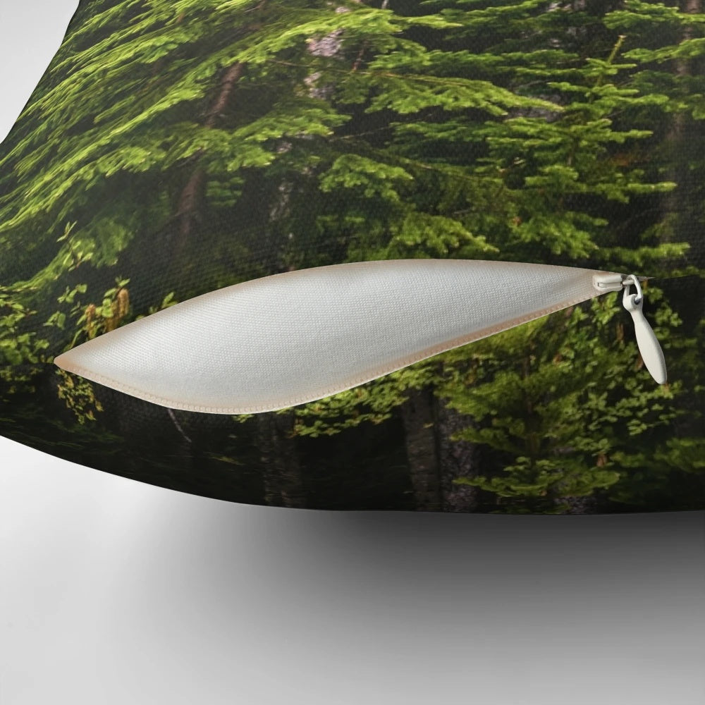 Cozy pillow featuring a serene forest landscape, perfect for camping and hiking