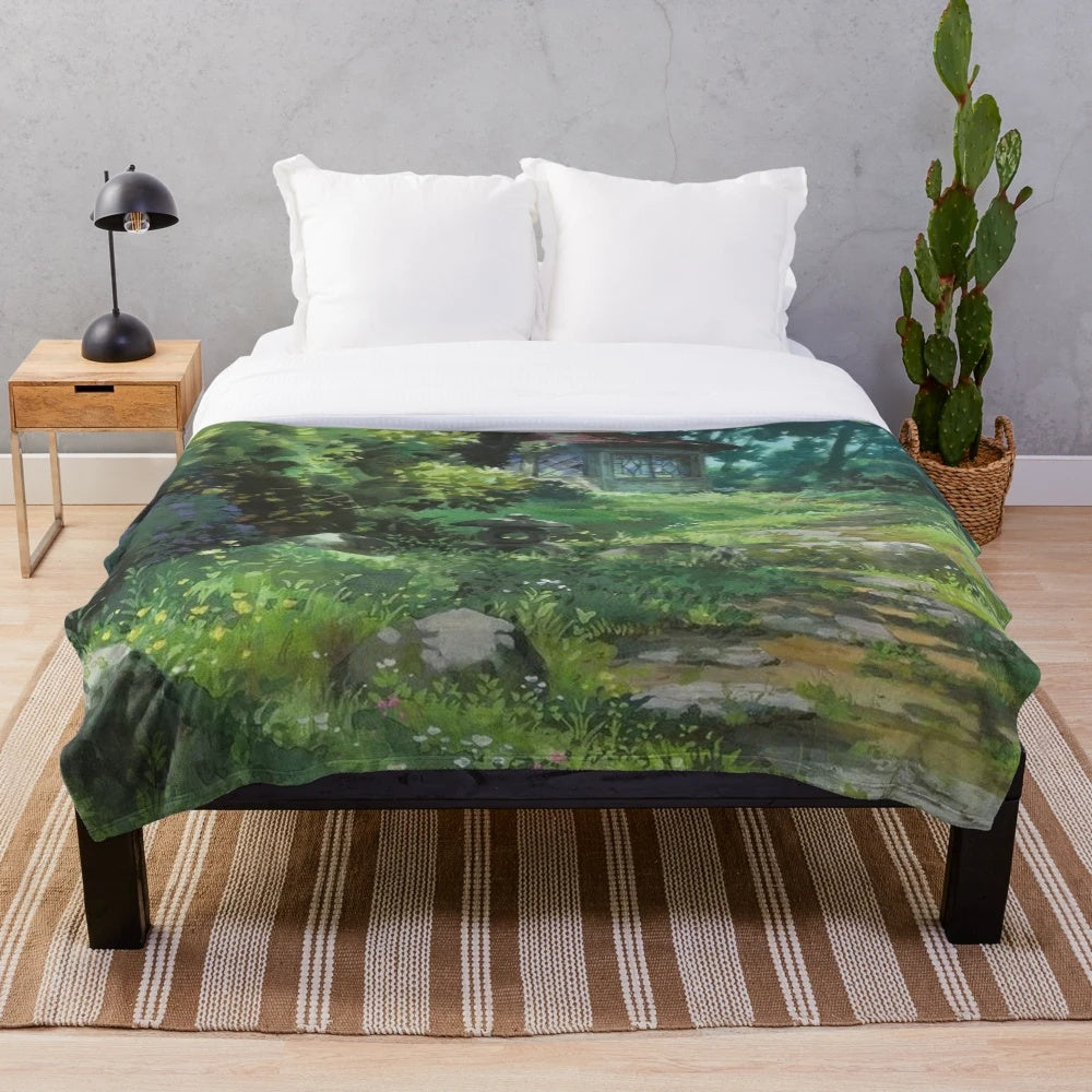 Anime-inspired plush blanket featuring a magical forest landscape