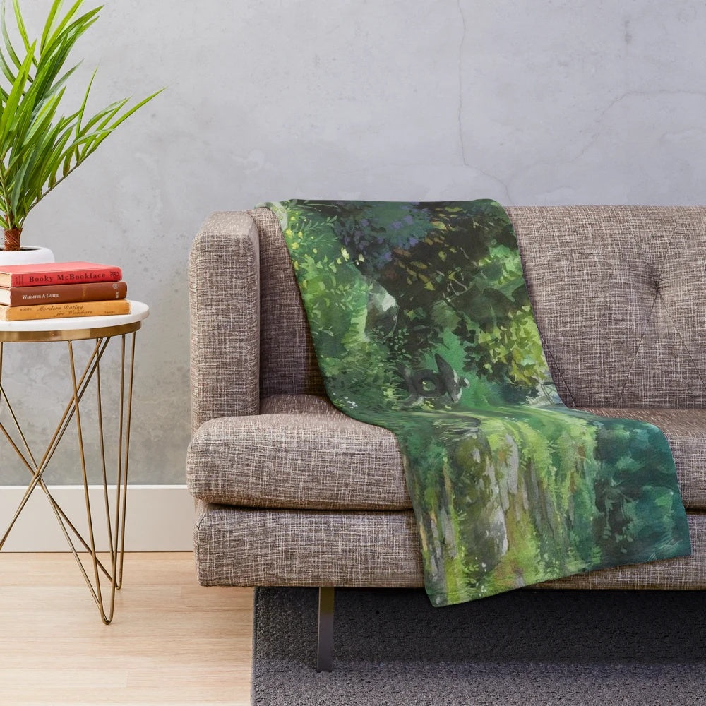 Anime-inspired plush blanket featuring a magical forest landscape