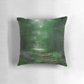 Decorative throw pillow with a magical forest and woodland scene, featuring whimsical elements and a mystical spirit.