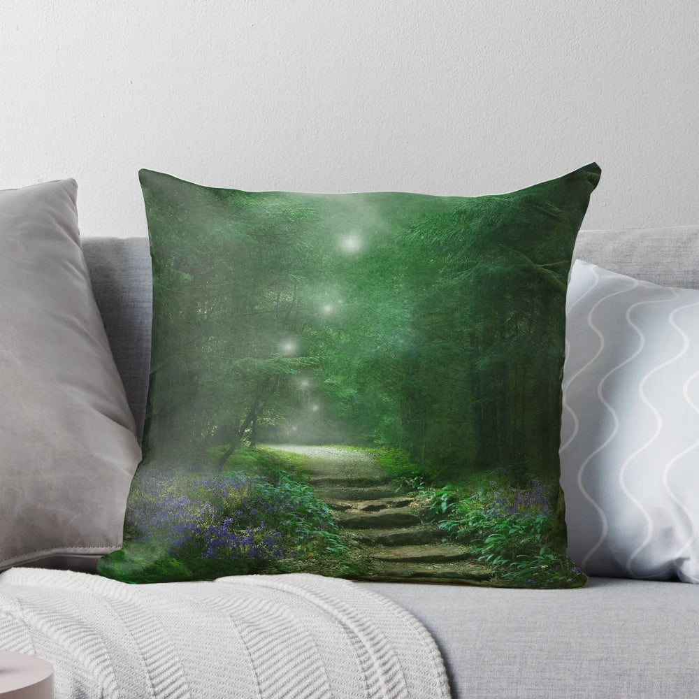 Decorative throw pillow with a magical forest and woodland scene, featuring whimsical elements and a mystical spirit.