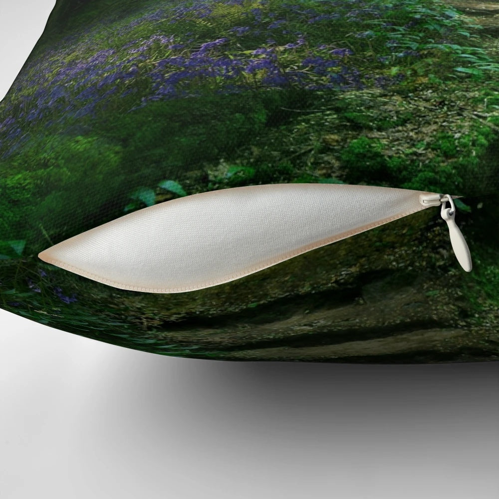 Decorative throw pillow with a magical forest and woodland scene, featuring whimsical elements and a mystical spirit.