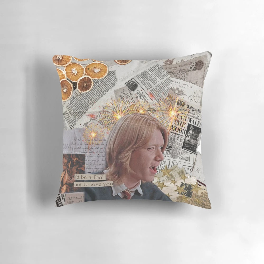Colorful pillow featuring an illustration of Fred Weasley, a beloved character from the Harry Potter series.