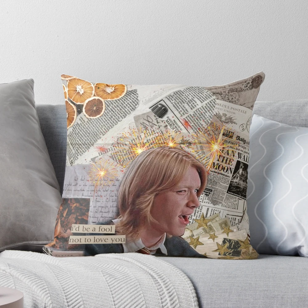 Colorful pillow featuring an illustration of Fred Weasley, a beloved character from the Harry Potter series.