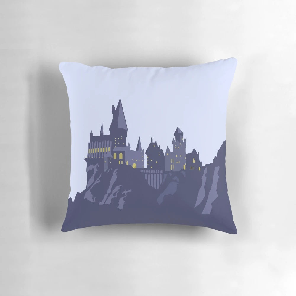 Minimalist illustration of Hogwarts Castle on a soft pillow, perfect for Harry Potter fans.
