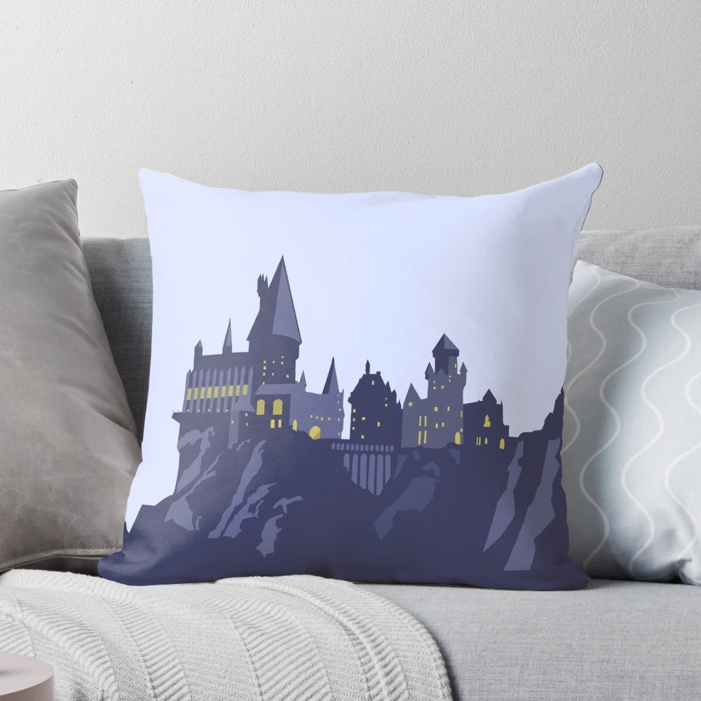 Minimalist illustration of Hogwarts Castle on a soft pillow, perfect for Harry Potter fans.