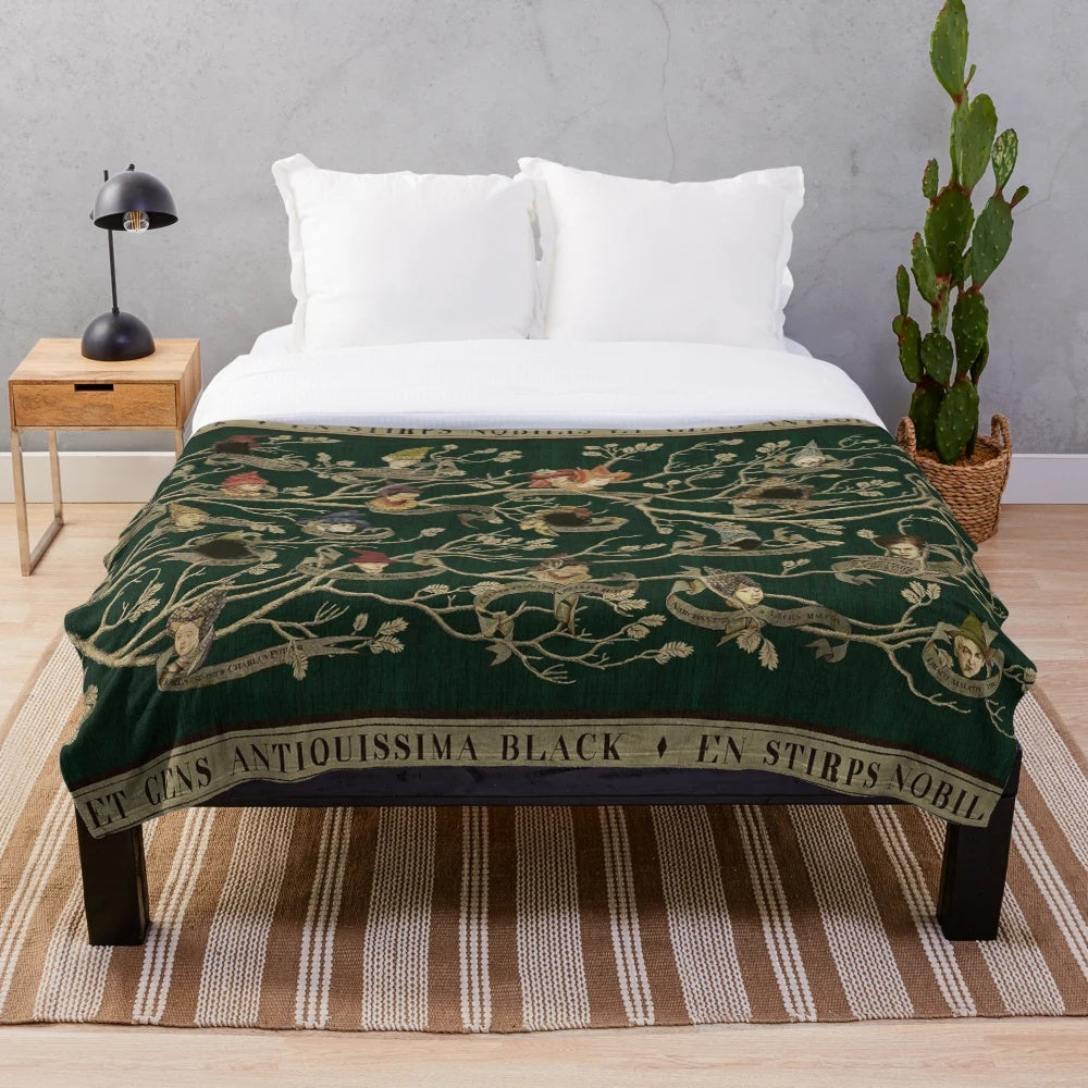Plush blanket featuring the House of Black family tree from the Harry Potter universe