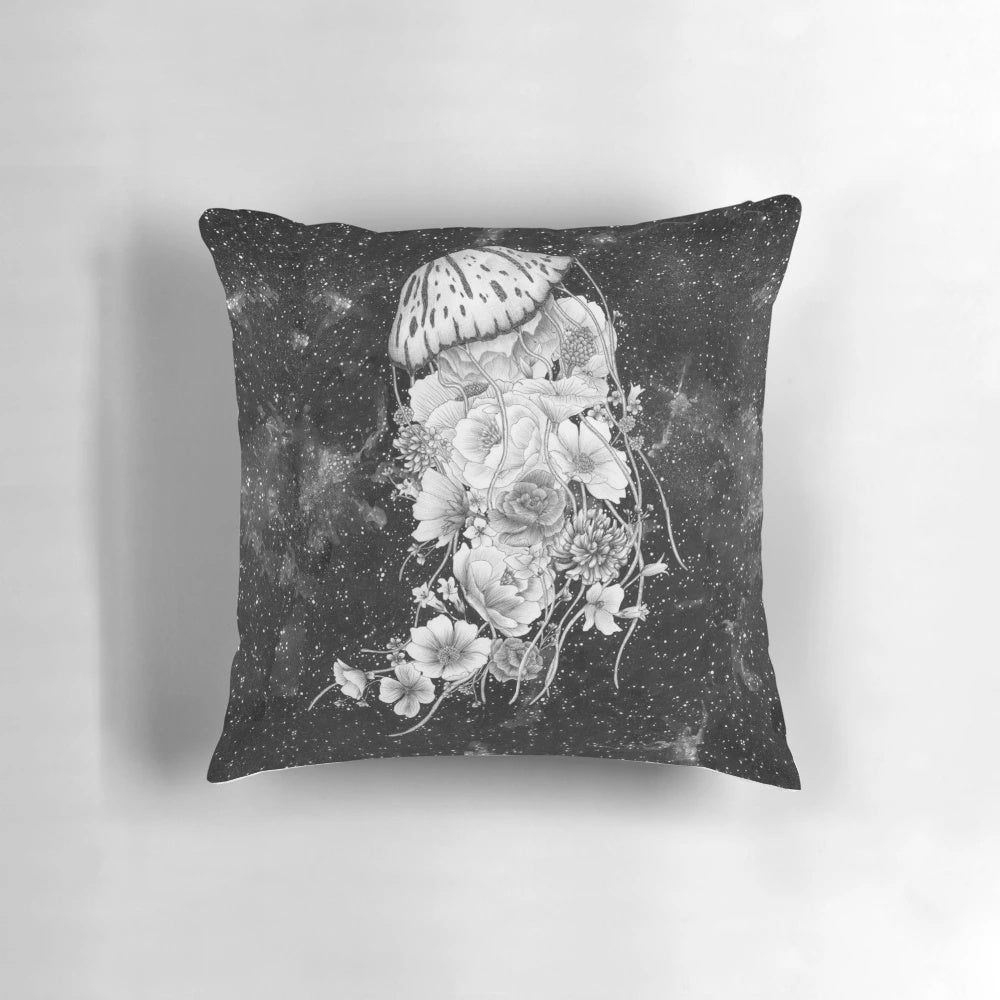 Magical jellyfish pillow featuring a surreal, whimsical design with ocean, space, and floral elements.