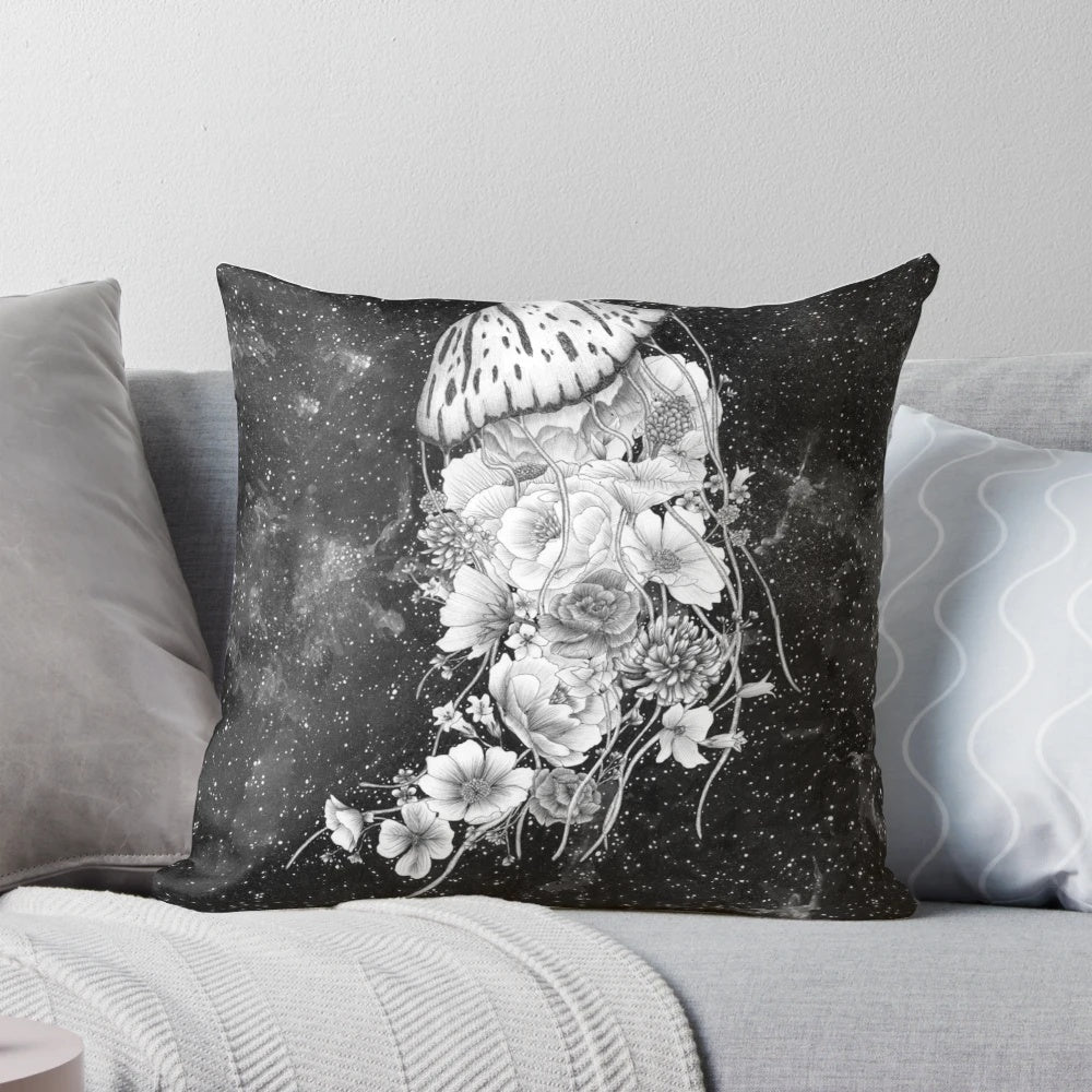 Magical jellyfish pillow featuring a surreal, whimsical design with ocean, space, and floral elements.